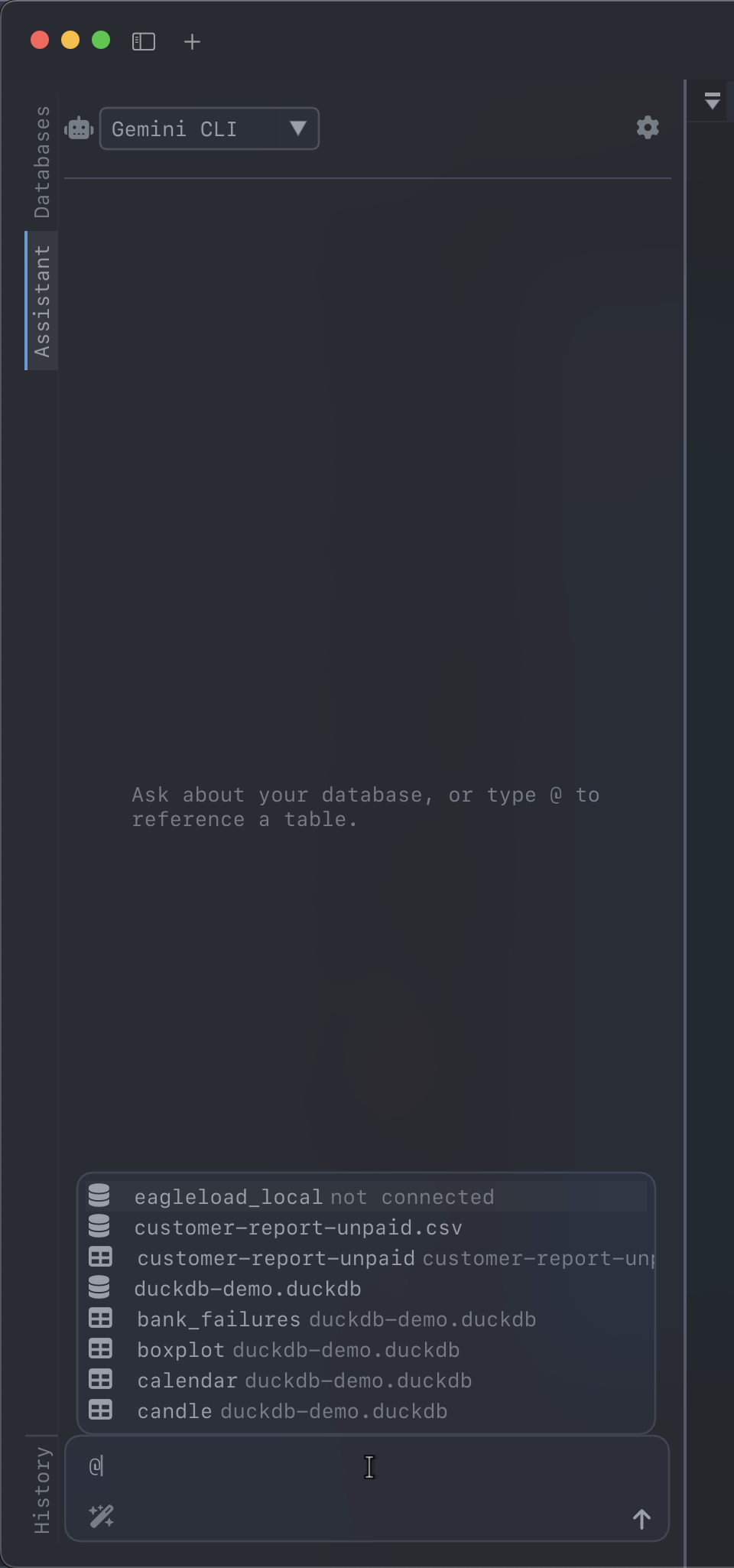 The @ picker listing databases and their tables, with the owning database in muted text