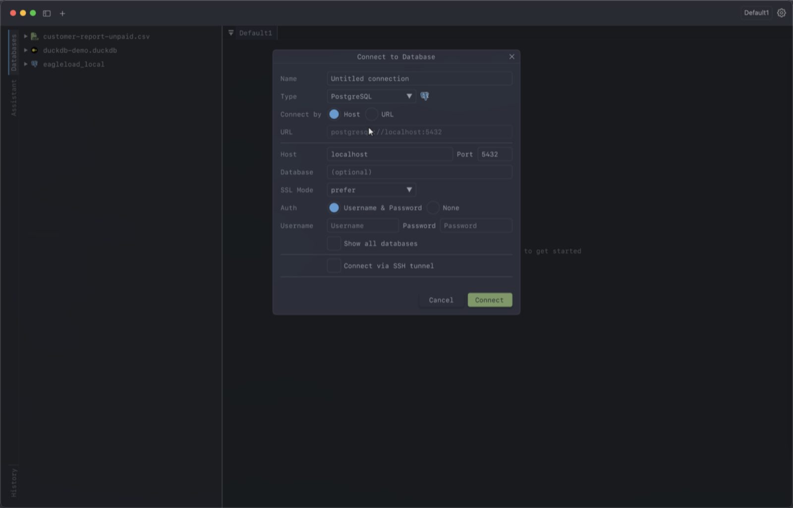 The connection dialog on PostgreSQL, showing host, port, SSL mode and the SSH tunnel toggle