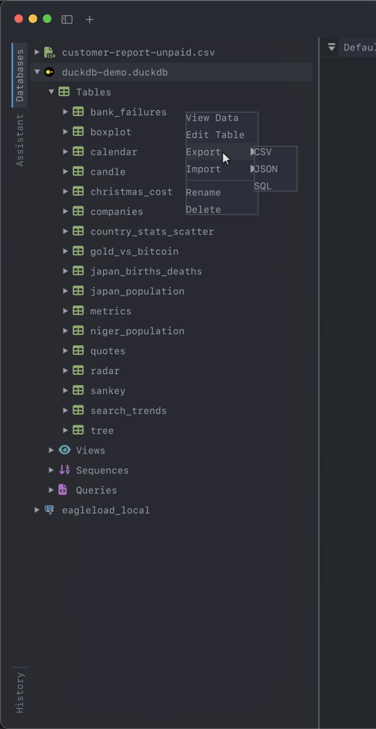 A table's context menu with the Export submenu open on CSV, JSON and SQL