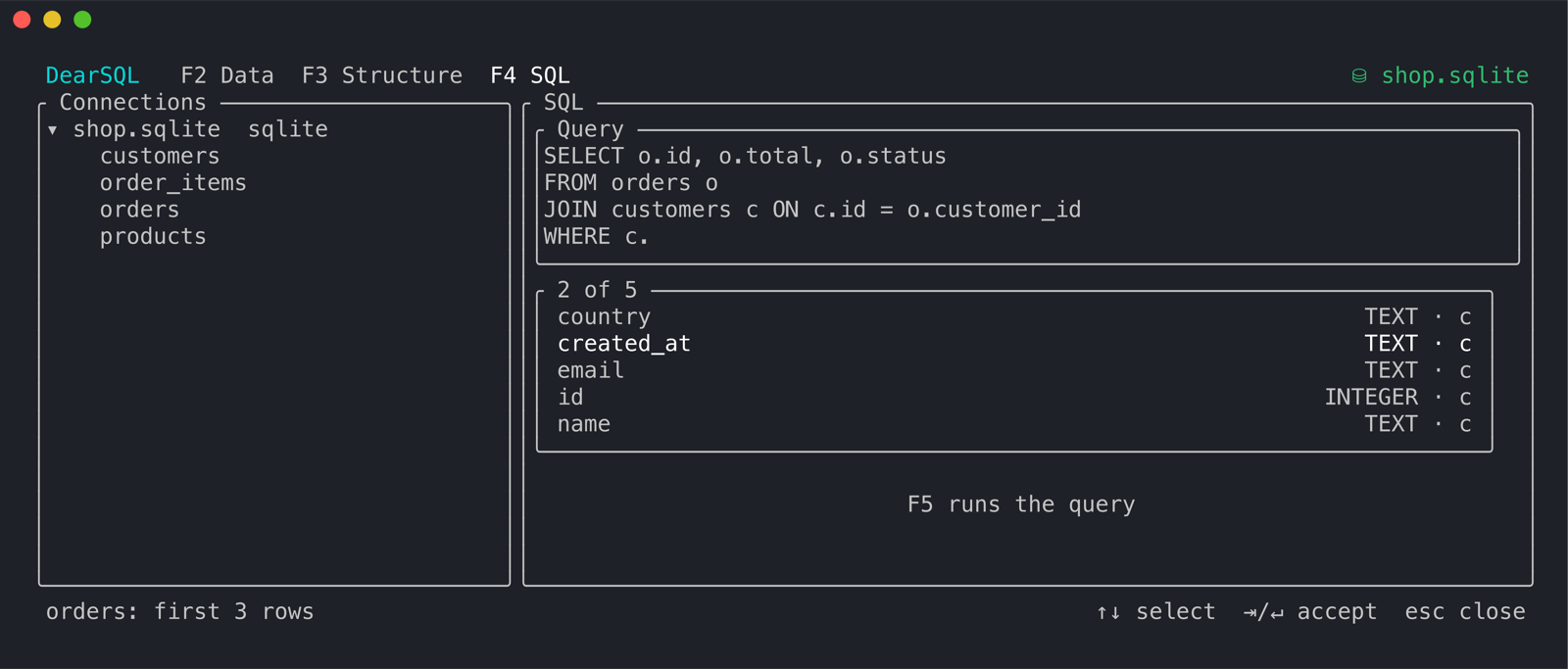 Completion after c. in the SQL tab, listing the customers columns with their types