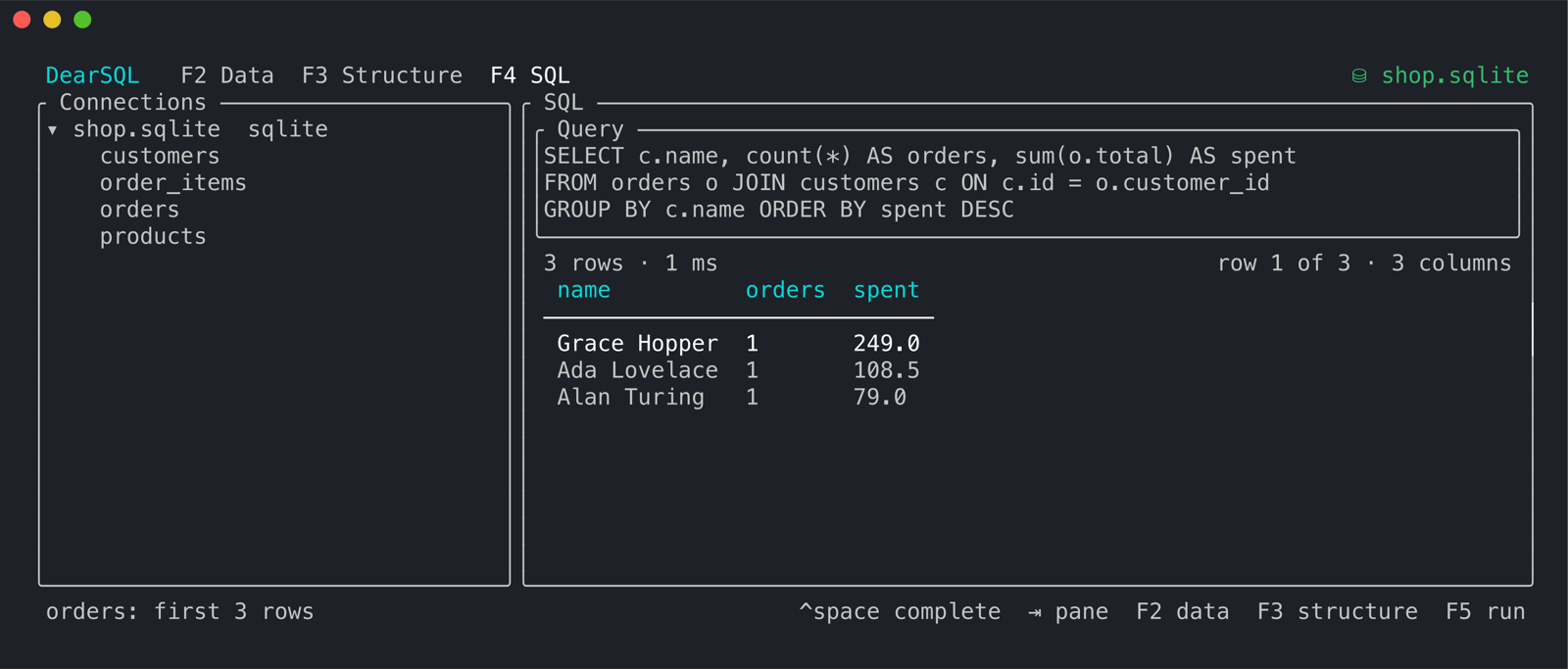 The SQL tab with a three-line join query and its results below